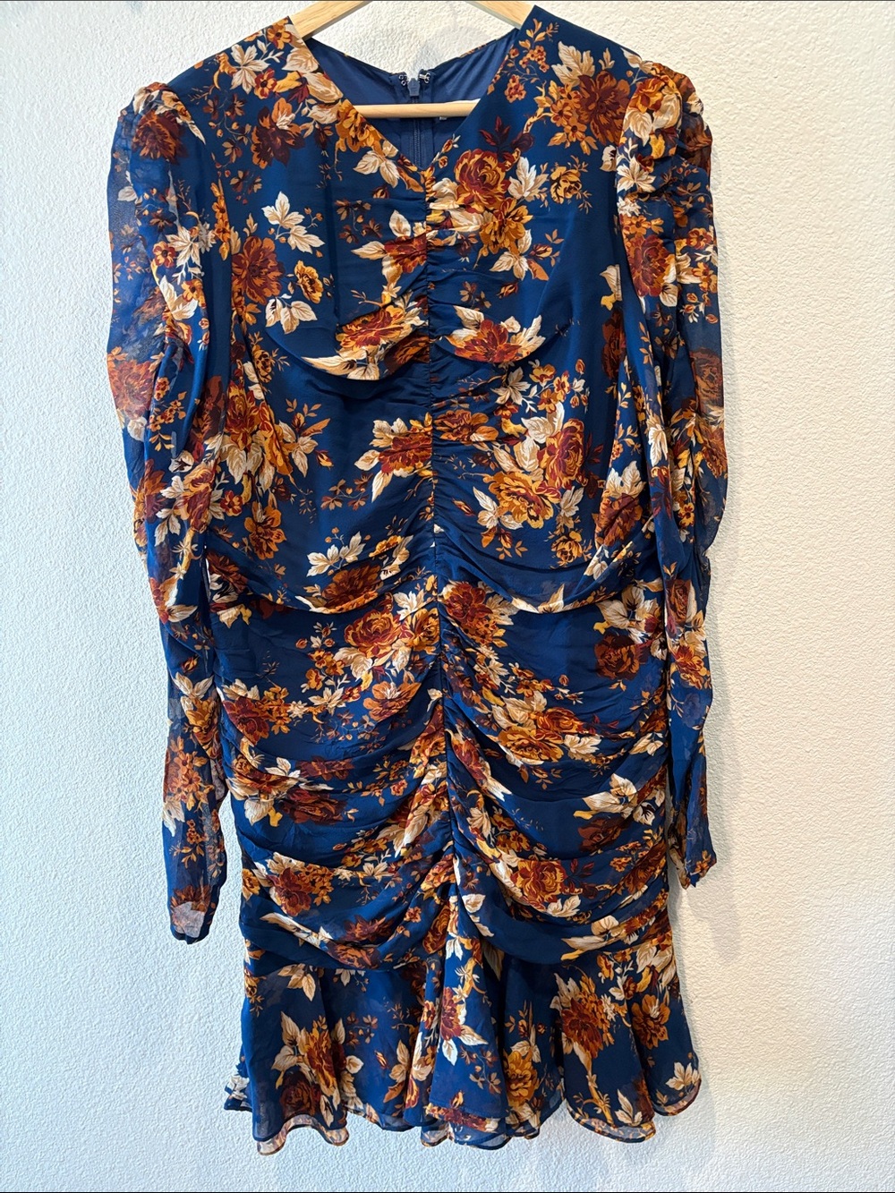 Veronica Beard Navy Floral Ruched Mini Dress